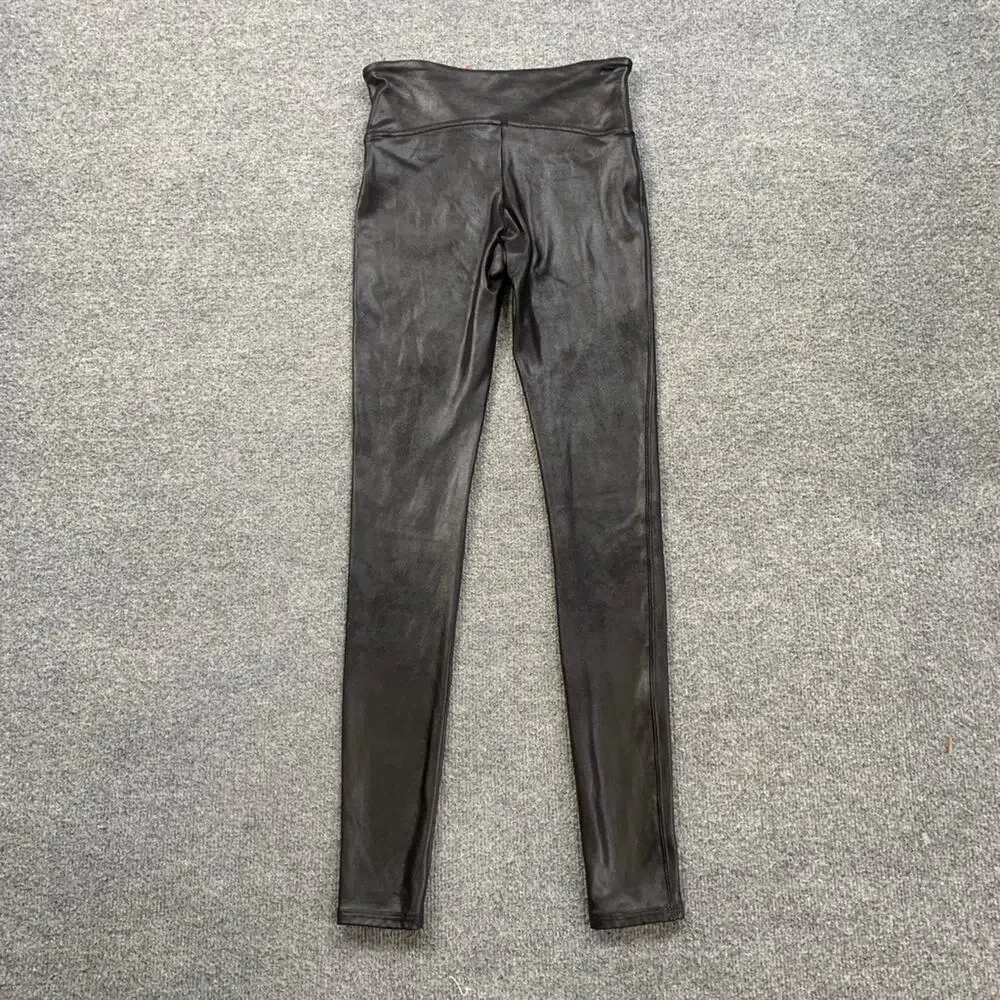 Spanx Leggings Womens S Small Black Coated Faux Leather Pull On Stretch Skinny